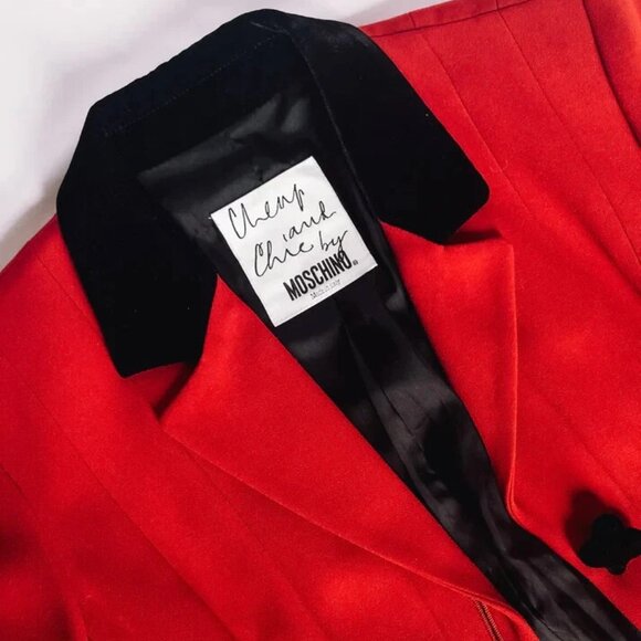 Moschino Red Peplum Black Velvet Trim Ace Spade Jacket 8 ALICE WONDERLAND BLAZER - Picture 12 of 15